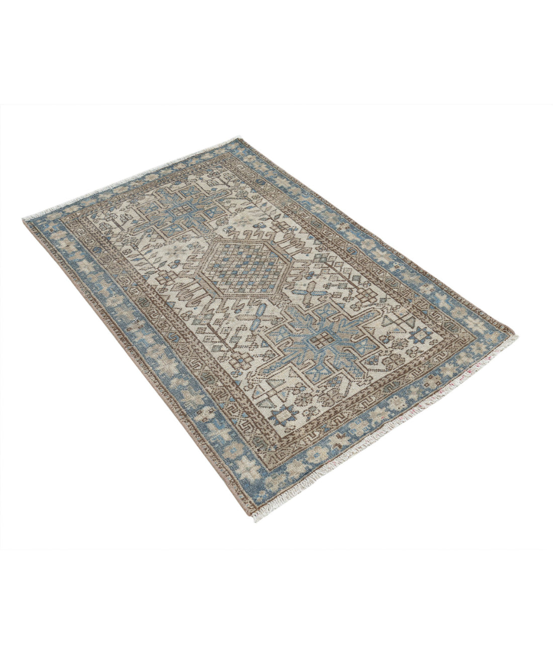 Hand Knotted Vintage Persian Heriz Wool Rug - 3'0'' x 4'5'' 3'0'' x 4'5'' (90 X 133) / Ivory / Blue