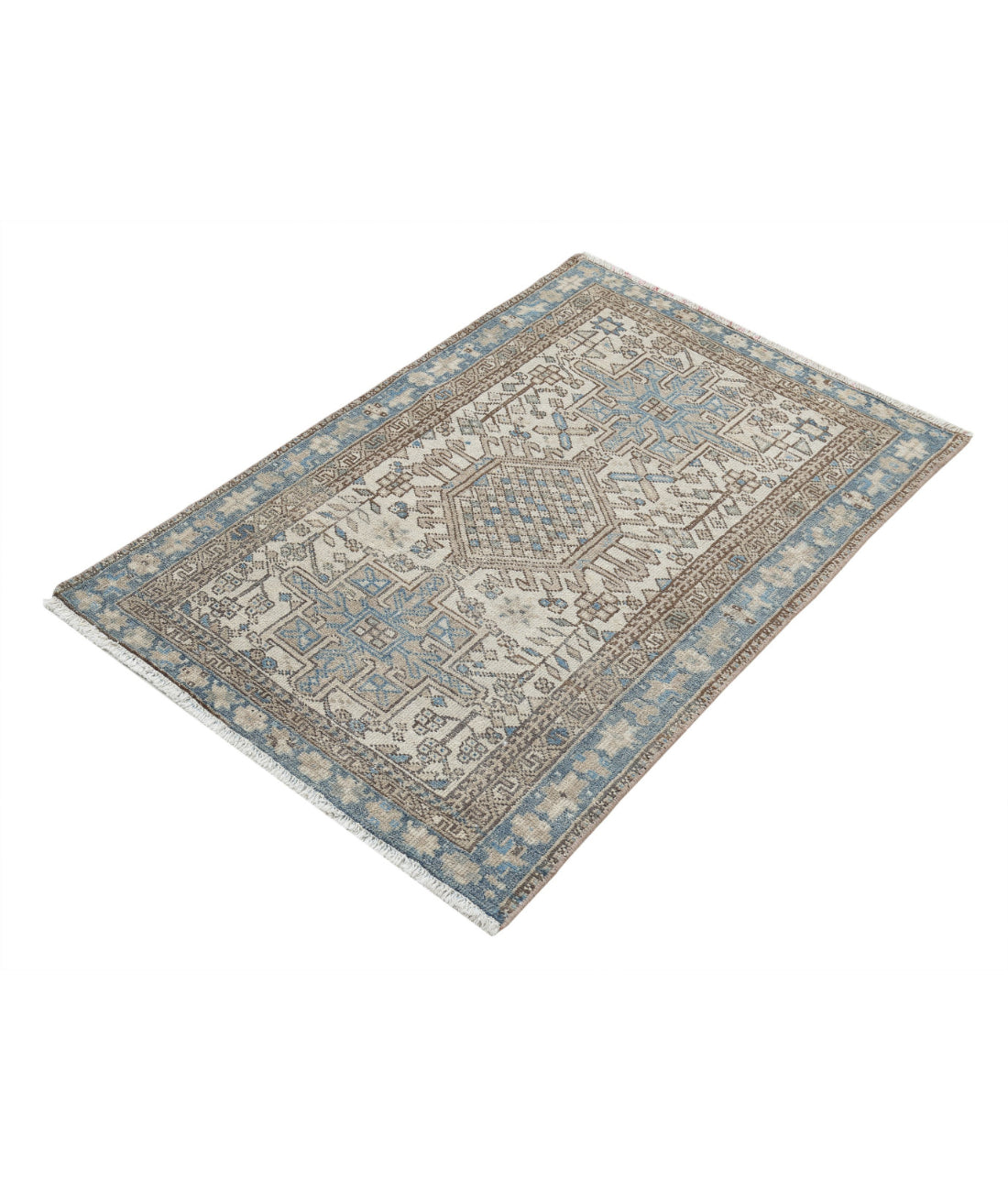 Hand Knotted Vintage Persian Heriz Wool Rug - 3'0'' x 4'5'' 3'0'' x 4'5'' (90 X 133) / Ivory / Blue