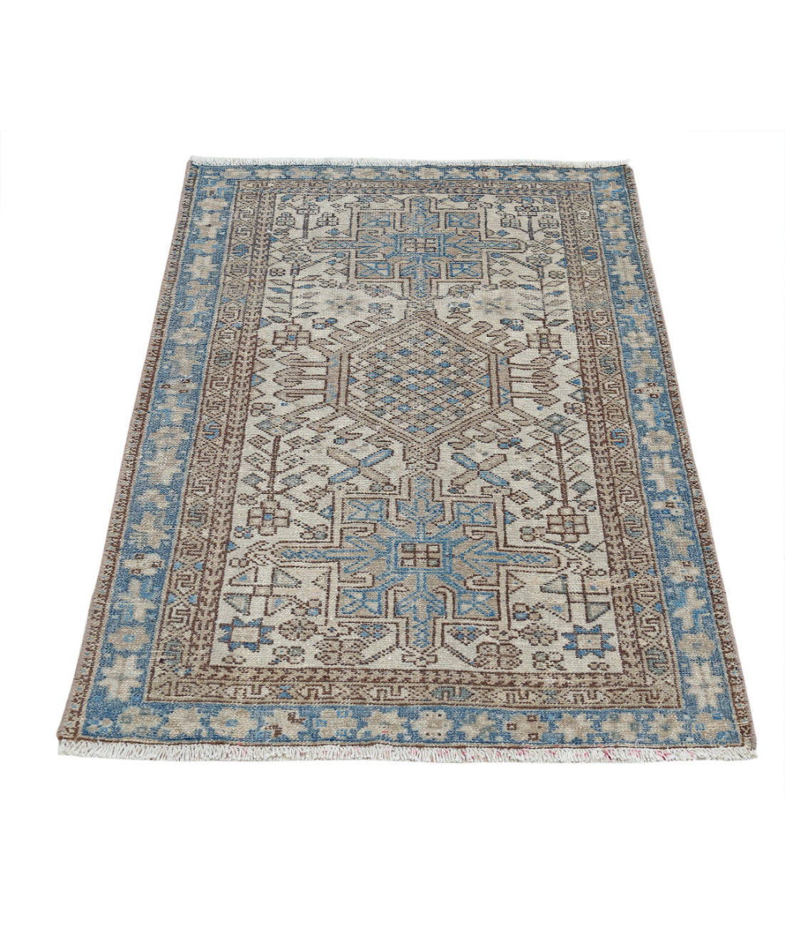Hand Knotted Vintage Persian Heriz Wool Rug - 3'0'' x 4'5'' 3'0'' x 4'5'' (90 X 133) / Ivory / Blue