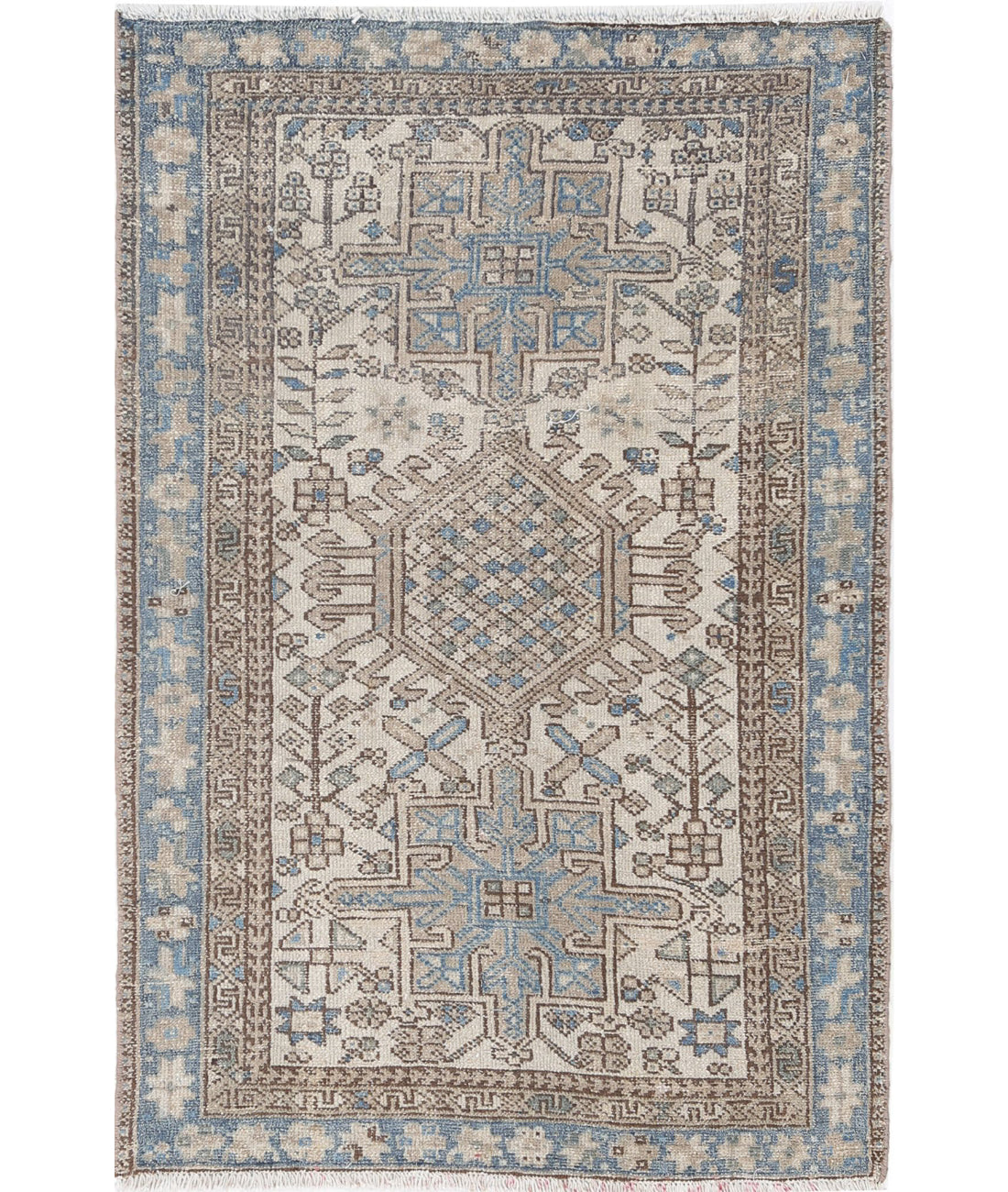 Hand Knotted Vintage Persian Heriz Wool Rug - 3&#39;0&#39;&#39; x 4&#39;5&#39;&#39; 3&#39;0&#39;&#39; x 4&#39;5&#39;&#39; (90 X 133) / Ivory / Blue