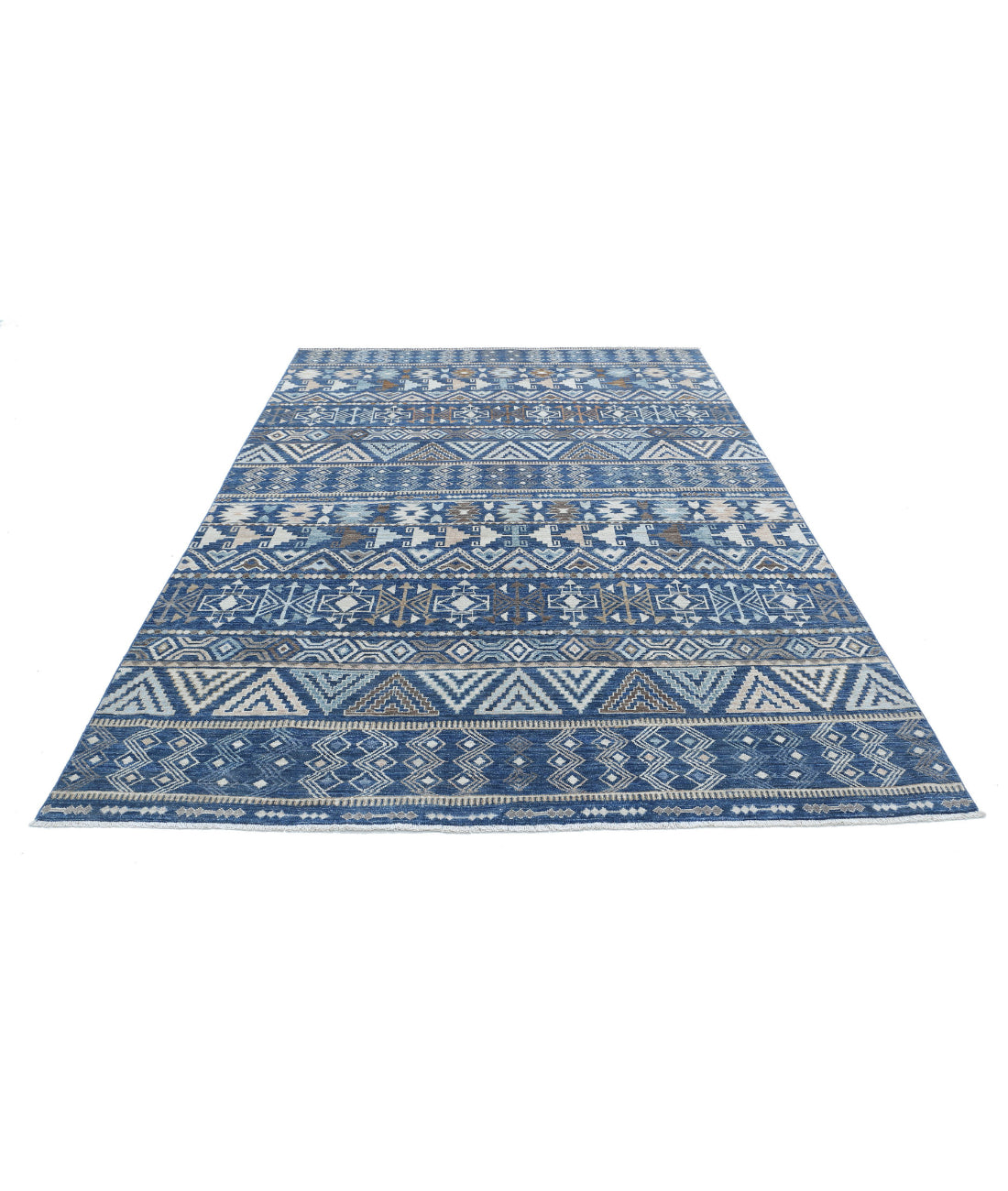 Hand Knotted Khurjeen Wool Rug - 6'9'' x 8'5'' 6'9'' x 8'5'' (203 X 253) / Blue / Ivory