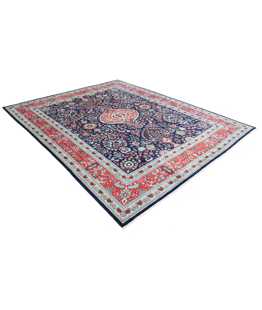 Hand Knotted Traditional Floral Bamboo Silk Rug - 8'0'' x 9'11'' 8'0'' x 9'11'' (120 X 360) / Blue / Red