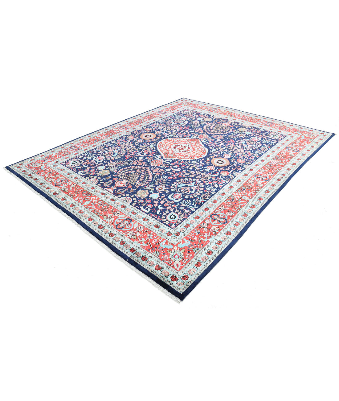Hand Knotted Traditional Floral Bamboo Silk Rug - 8'0'' x 9'11'' 8'0'' x 9'11'' (120 X 360) / Blue / Red
