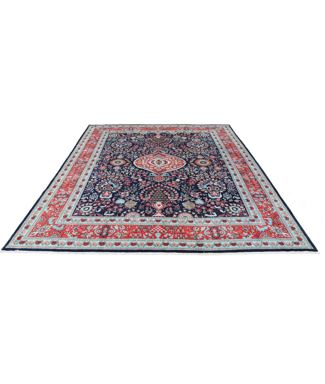 Hand Knotted Traditional Floral Bamboo Silk Rug - 8'0'' x 9'11'' 8'0'' x 9'11'' (120 X 360) / Blue / Red