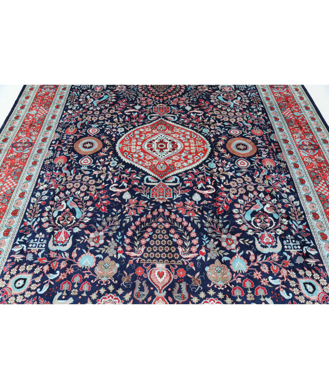 Hand Knotted Traditional Floral Bamboo Silk Rug - 8'0'' x 9'11'' 8'0'' x 9'11'' (120 X 360) / Blue / Red