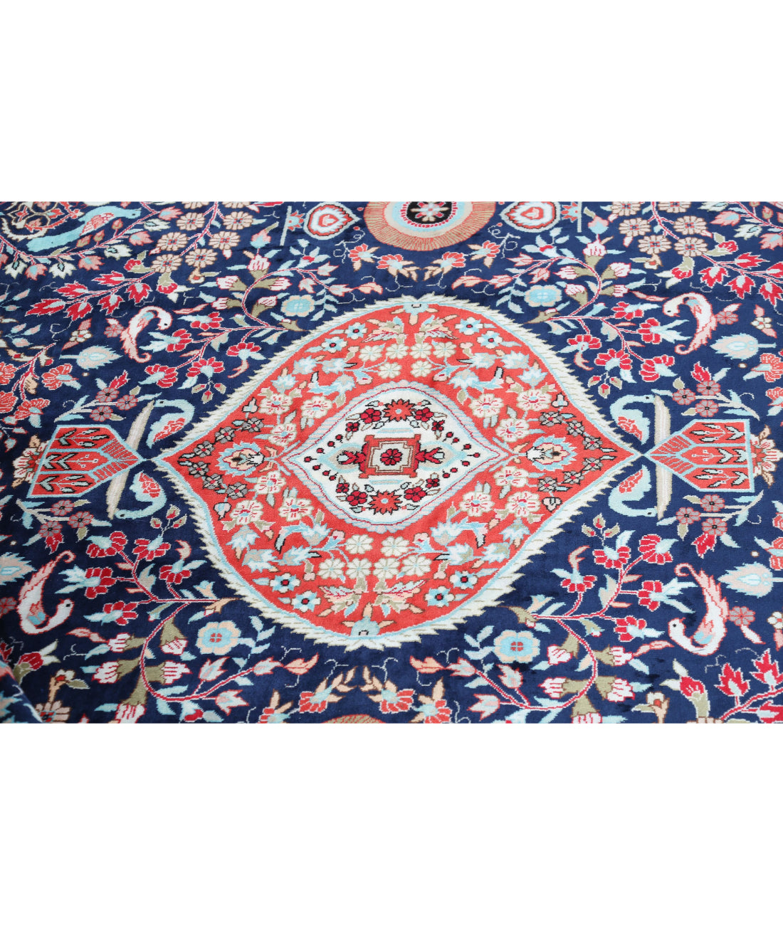 Hand Knotted Traditional Floral Bamboo Silk Rug - 8'0'' x 9'11'' 8'0'' x 9'11'' (120 X 360) / Blue / Red