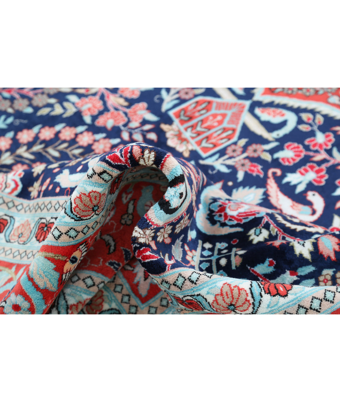 Hand Knotted Traditional Floral Bamboo Silk Rug - 8'0'' x 9'11'' 8'0'' x 9'11'' (120 X 360) / Blue / Red