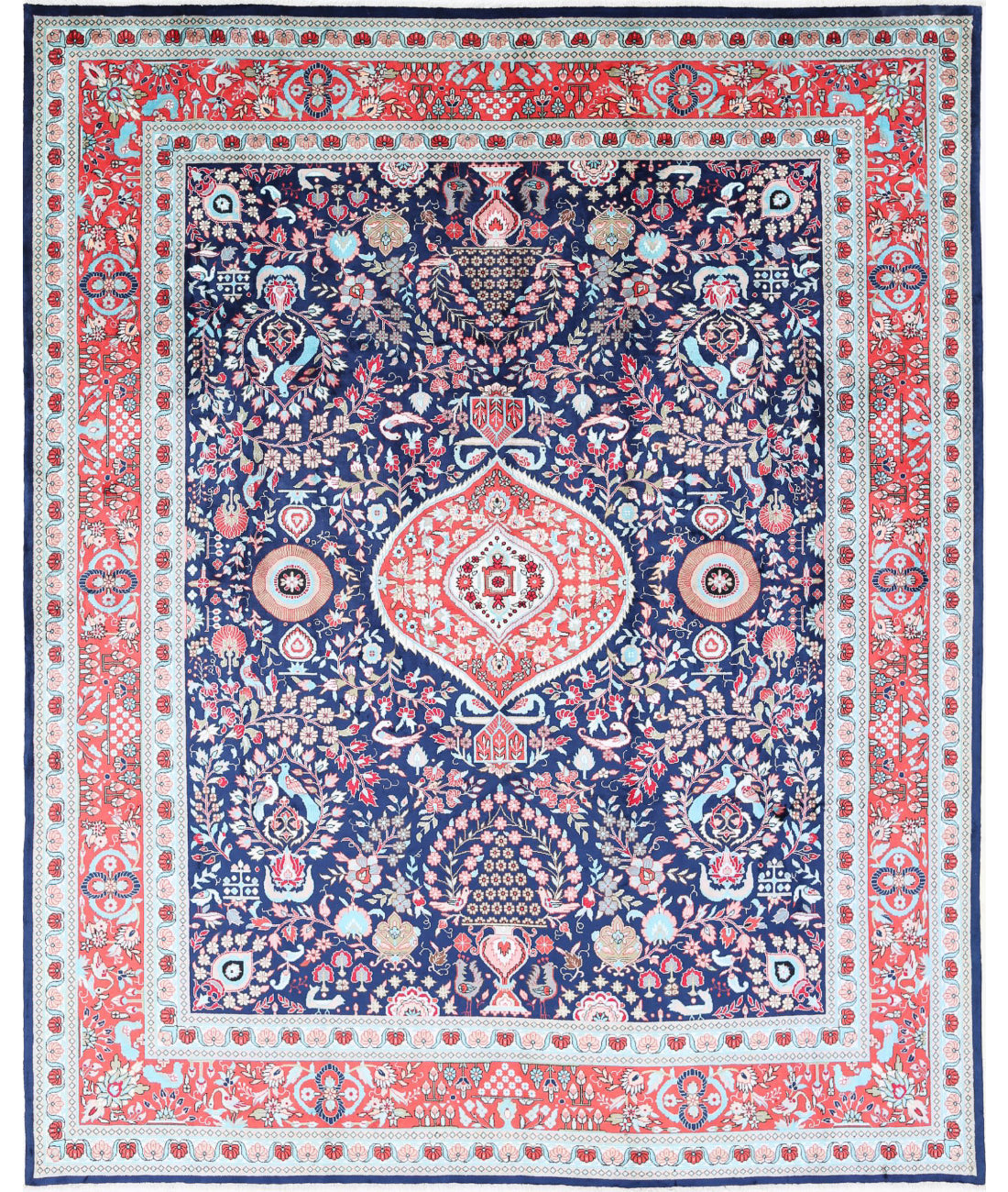 Hand Knotted Traditional Floral Bamboo Silk Rug - 8'0'' x 9'11'' 8'0'' x 9'11'' (120 X 360) / Blue / Red