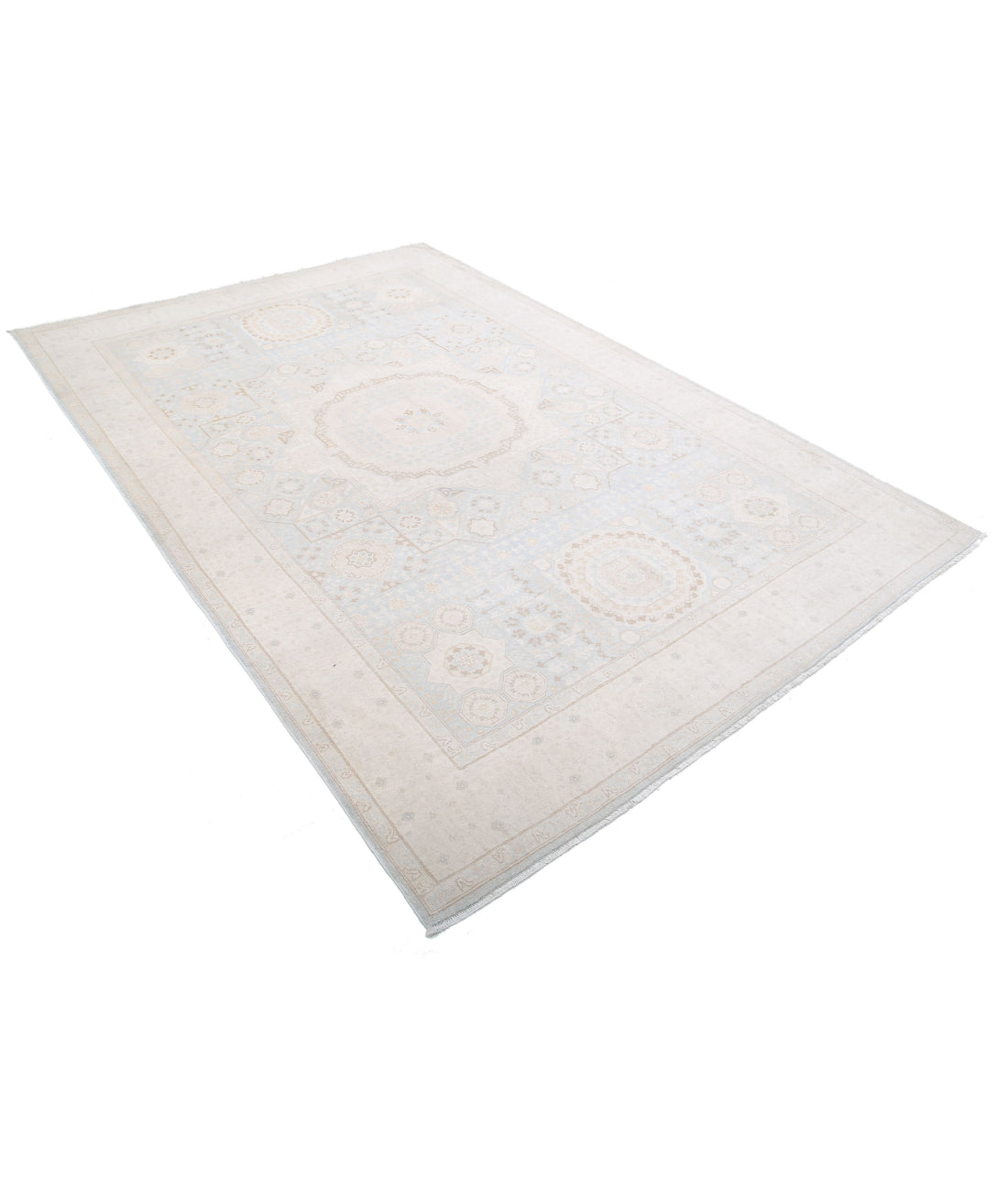 Hand Knotted Fine Mamluk Wool Rug - 6'3'' x 9'4'' 6'3'' x 9'4'' (188 X 280) / Blue / Ivory