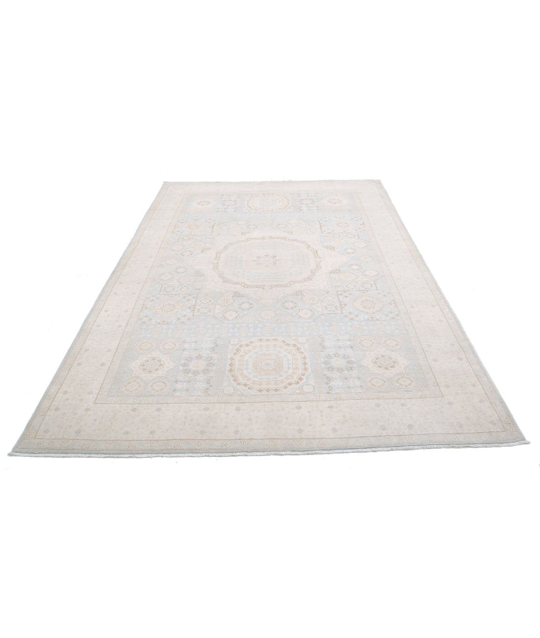 Hand Knotted Fine Mamluk Wool Rug - 6'3'' x 9'4'' 6'3'' x 9'4'' (188 X 280) / Blue / Ivory