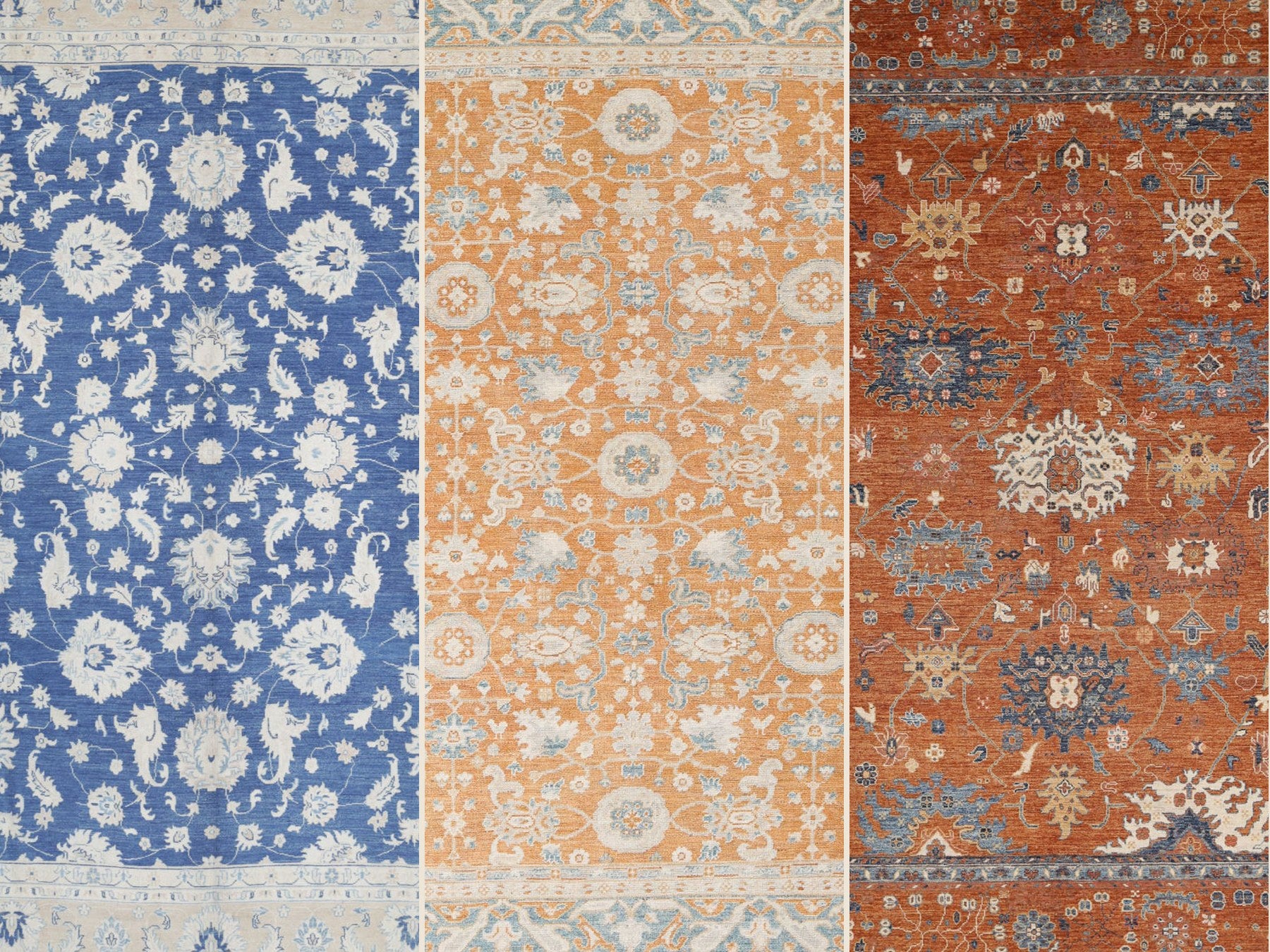 Three colorful hand-knotted Oushak rugs in cobalt, saffron and rust from the Arteverk Round Top edit