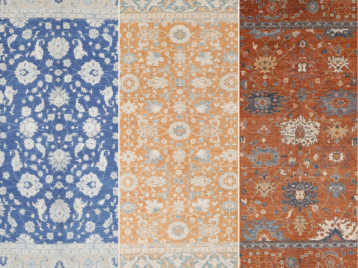 Three colorful hand-knotted Oushak rugs in cobalt, saffron and rust