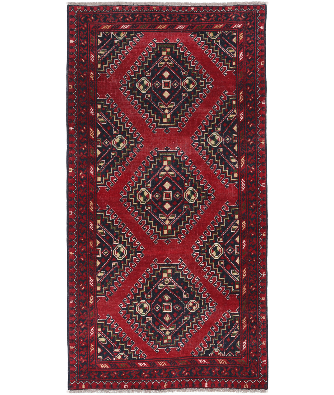 Hand Knotted Afghan Baluch Wool Rug - 3&#39;2&#39;&#39; x 6&#39;5&#39;&#39; 3&#39; 2&quot; X 6&#39; 5&quot; (97 X 196) / Red / Blue