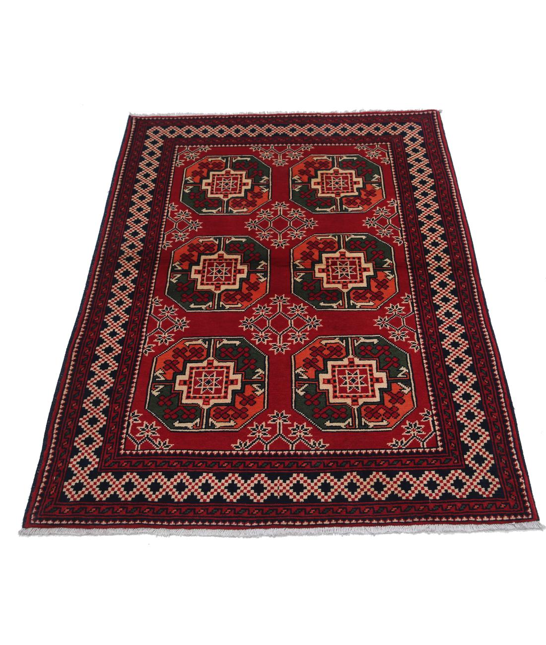 Hand Knotted Afghan Karghai Wool Rug - 3'4'' x 4'8'' 3' 4" X 4' 8" (102 X 142) / Red / Black