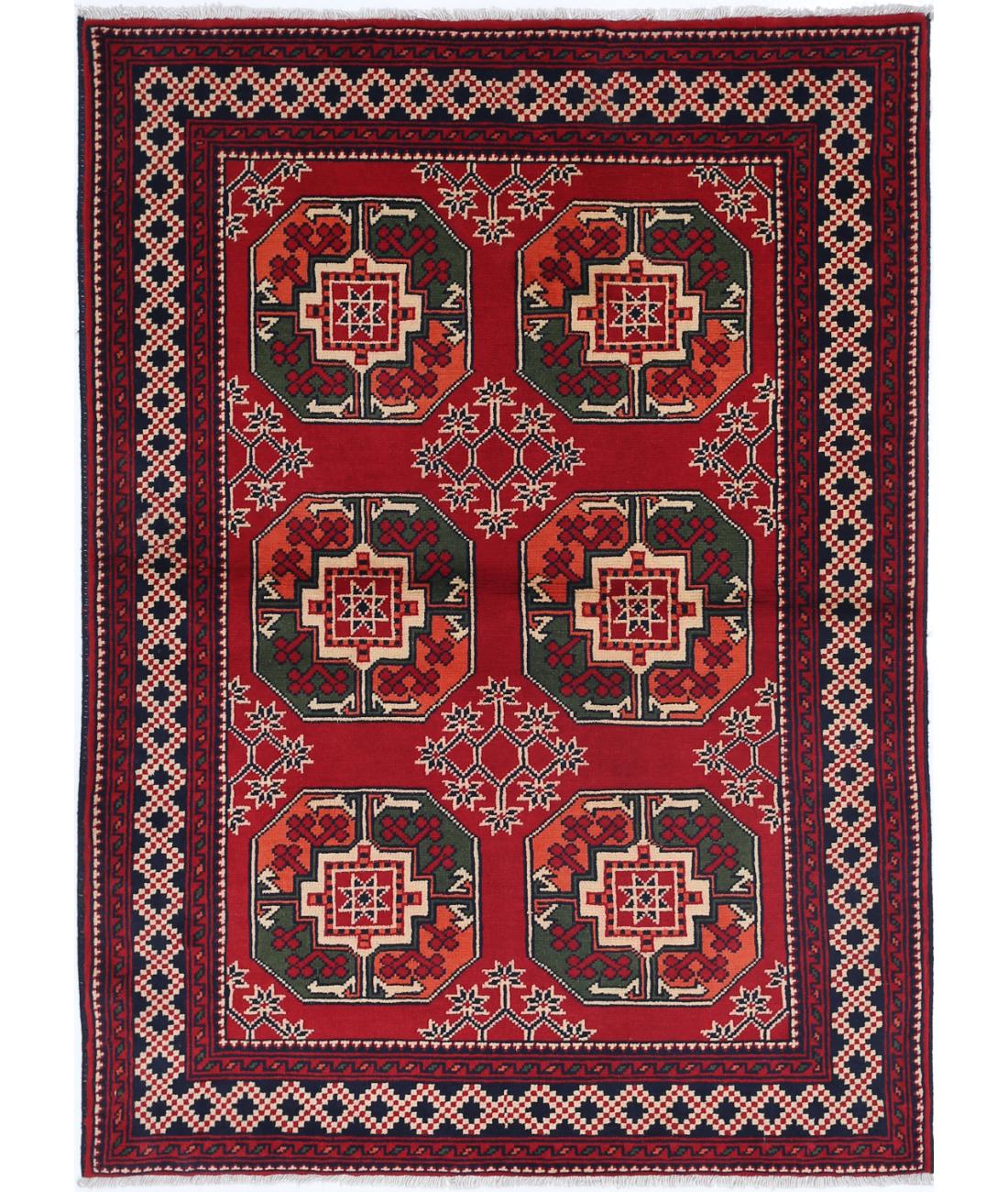 Hand Knotted Afghan Karghai Wool Rug - 3'4'' x 4'8'' 3' 4" X 4' 8" (102 X 142) / Red / Black