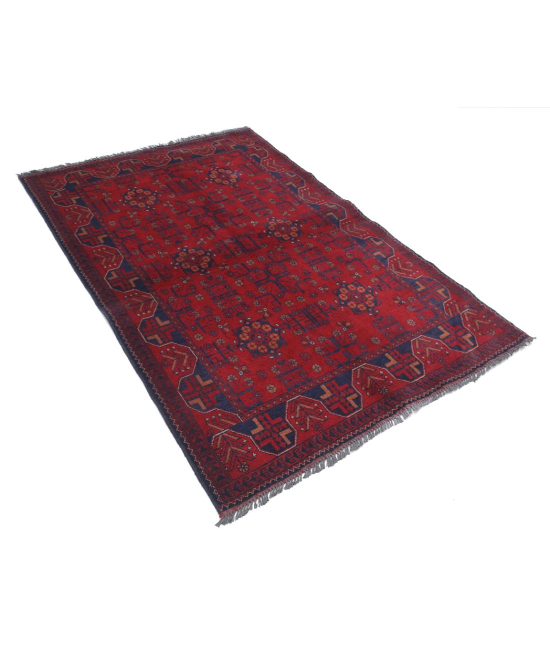 Hand Knotted Afghan Khal Muhammadi Wool Rug - 4'2'' x 6'4'' 4' 2" X 6' 4" (127 X 193) / Red / Blue