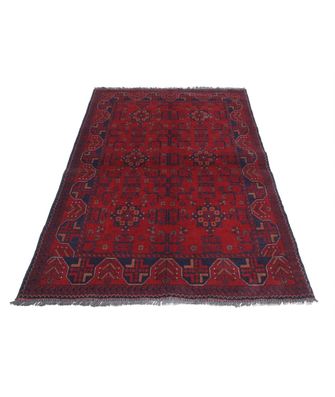 Hand Knotted Afghan Khal Muhammadi Wool Rug - 4'2'' x 6'4'' 4' 2" X 6' 4" (127 X 193) / Red / Blue