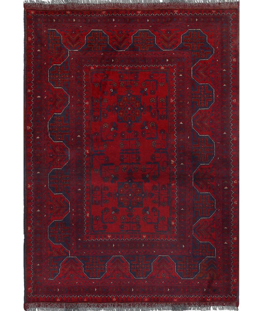 Hand Knotted Afghan Khal Muhammadi Wool Rug - 3&#39;6&#39;&#39; x 4&#39;10&#39;&#39; 3&#39; 6&quot; X 4&#39; 10&quot; (107 X 147) / Red / Blue