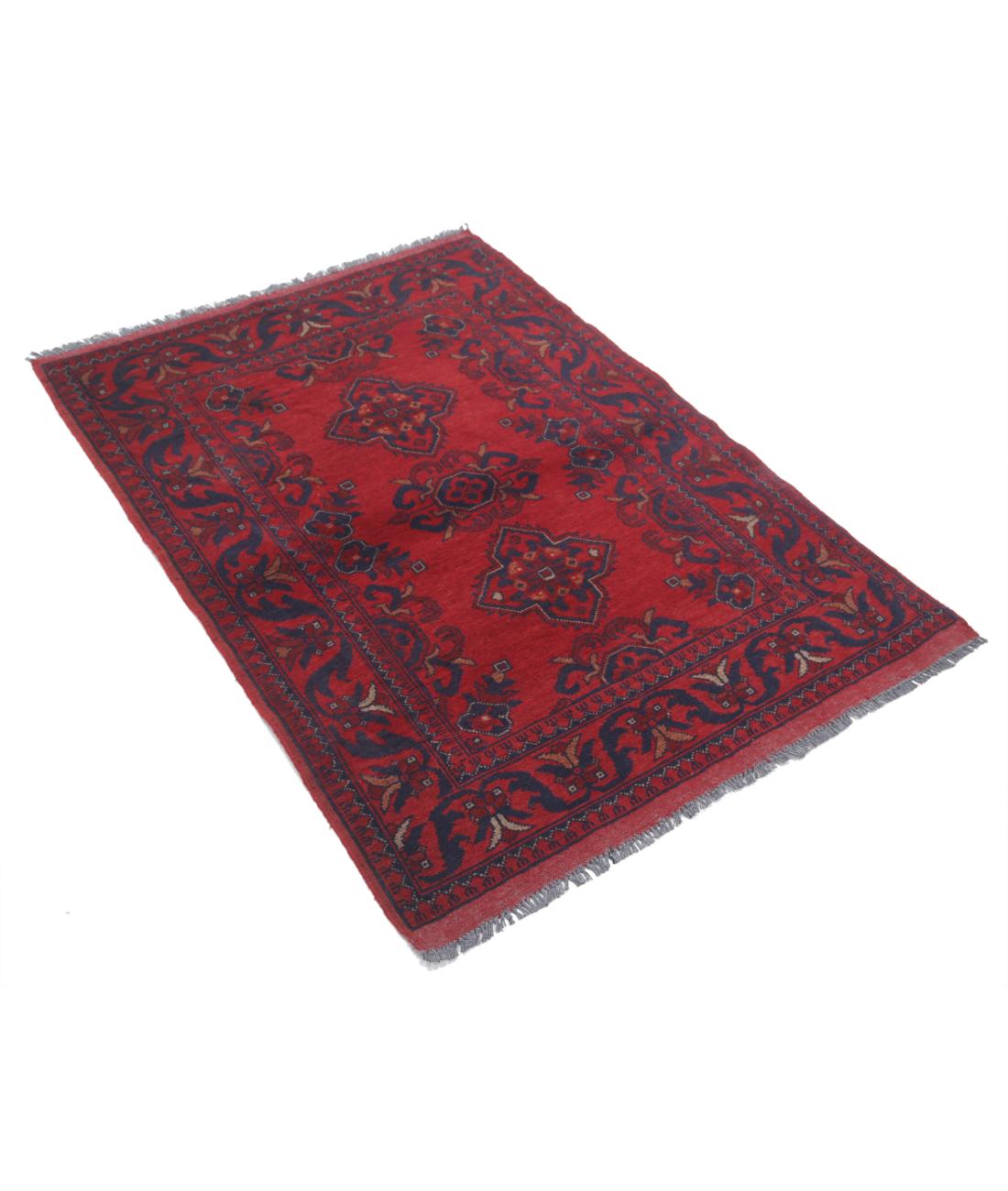 Hand Knotted Afghan Khal Muhammadi Wool Rug - 3'3'' x 4'6'' 3' 3" X 4' 6" (99 X 137) / Red / Blue