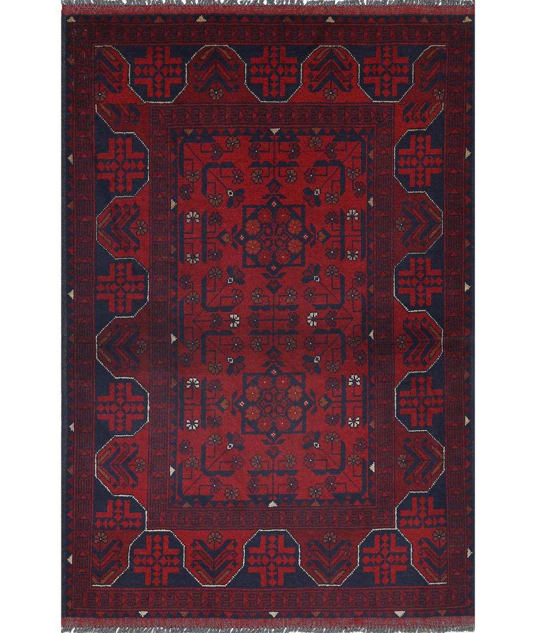 Hand Knotted Afghan Khal Muhammadi Wool Rug - 3&#39;4&#39;&#39; x 4&#39;11&#39;&#39; 3&#39; 4&quot; X 4&#39; 11&quot; (102 X 150) / Red / Blue