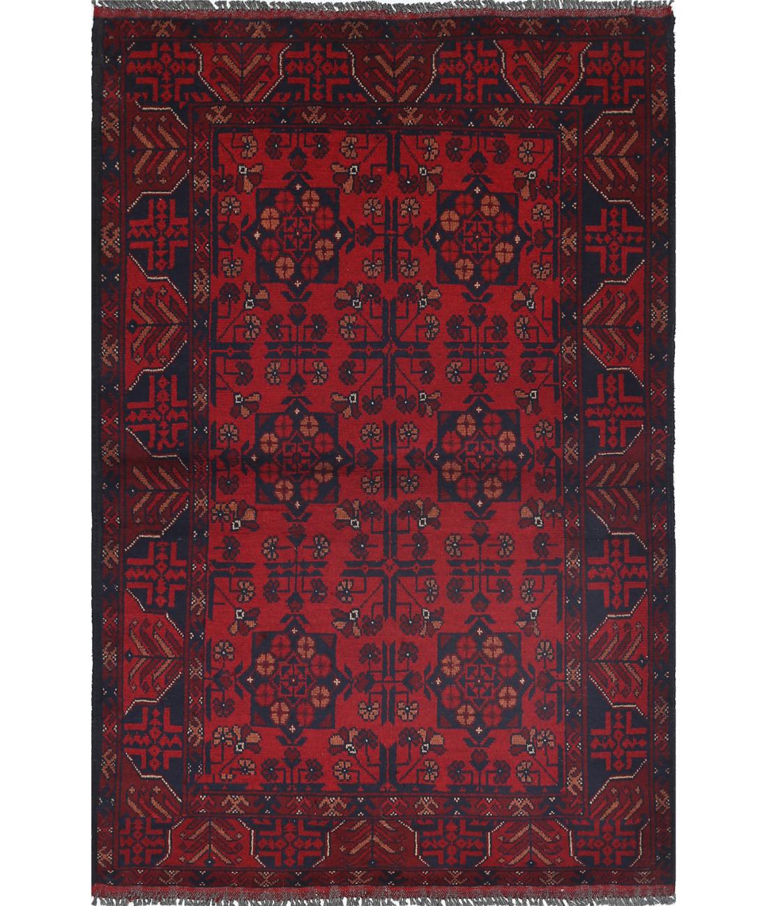 Hand Knotted Afghan Khal Muhammadi Wool Rug - 3&#39;3&#39;&#39; x 4&#39;11&#39;&#39; 3&#39; 3&quot; X 4&#39; 11&quot; (99 X 150) / Red / Blue