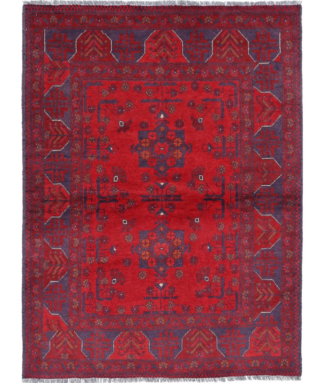 Hand Knotted Afghan Khal Muhammadi Wool Rug - 3&#39;4&#39;&#39; x 4&#39;9&#39;&#39; 3&#39; 4&quot; X 4&#39; 9&quot; (102 X 145) / Red / Blue
