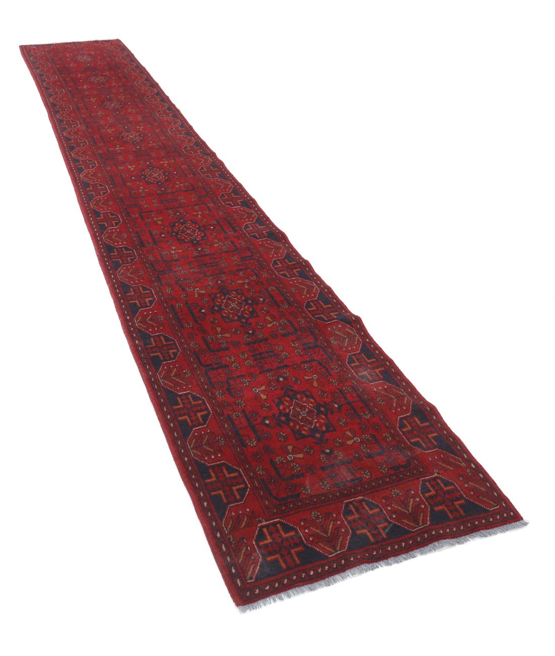 Hand Knotted Afghan Khal Muhammadi Wool Rug - 2'6'' x 15'11'' 2' 6" X 15' 11" (76 X 485) / Red / Black