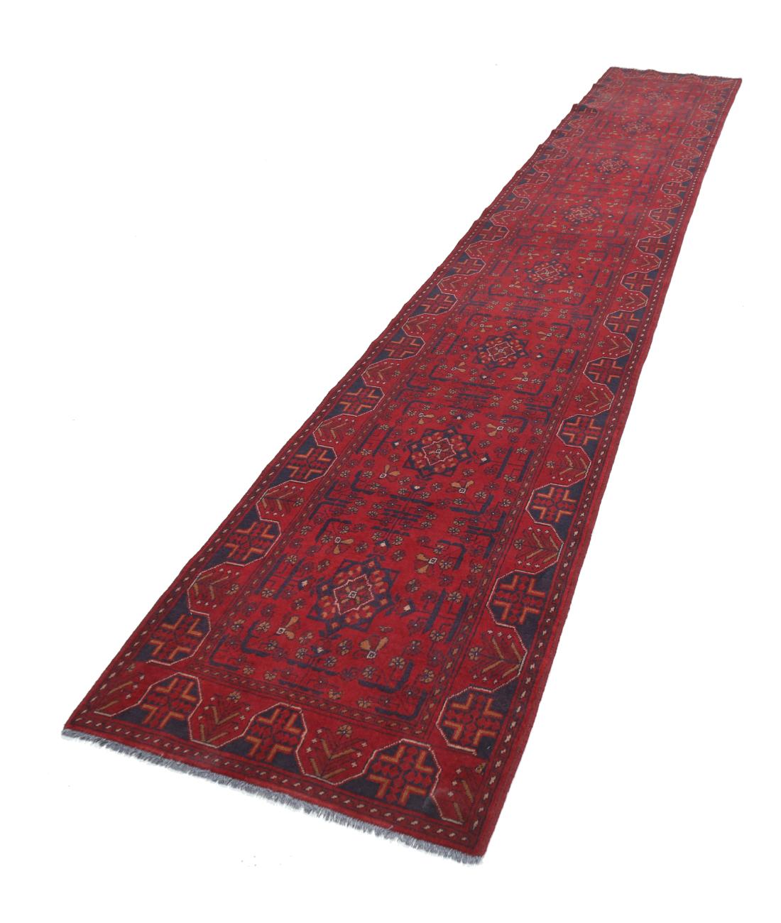Hand Knotted Afghan Khal Muhammadi Wool Rug - 2'6'' x 15'11'' 2' 6" X 15' 11" (76 X 485) / Red / Black