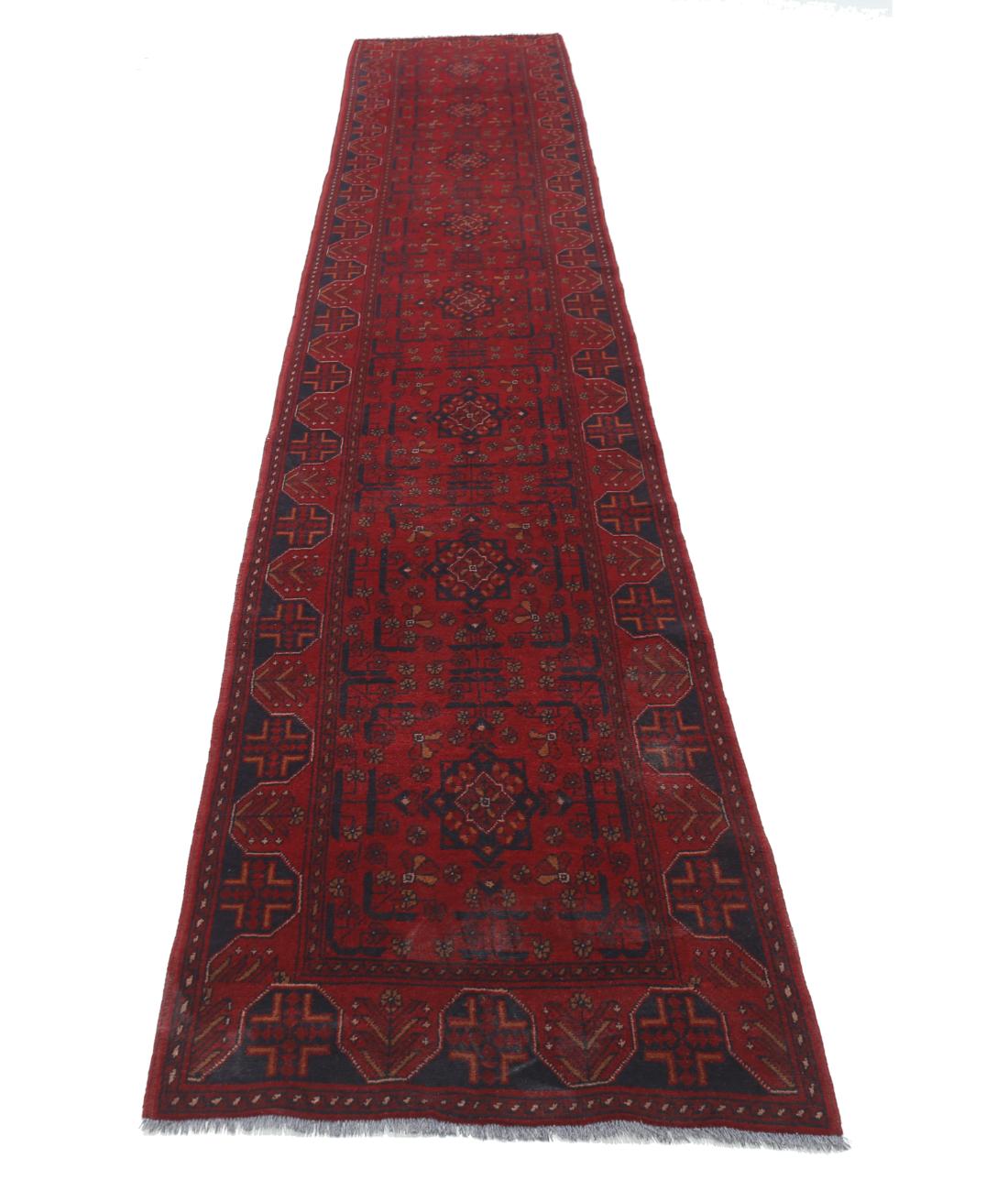 Hand Knotted Afghan Khal Muhammadi Wool Rug - 2'6'' x 15'11'' 2' 6" X 15' 11" (76 X 485) / Red / Black
