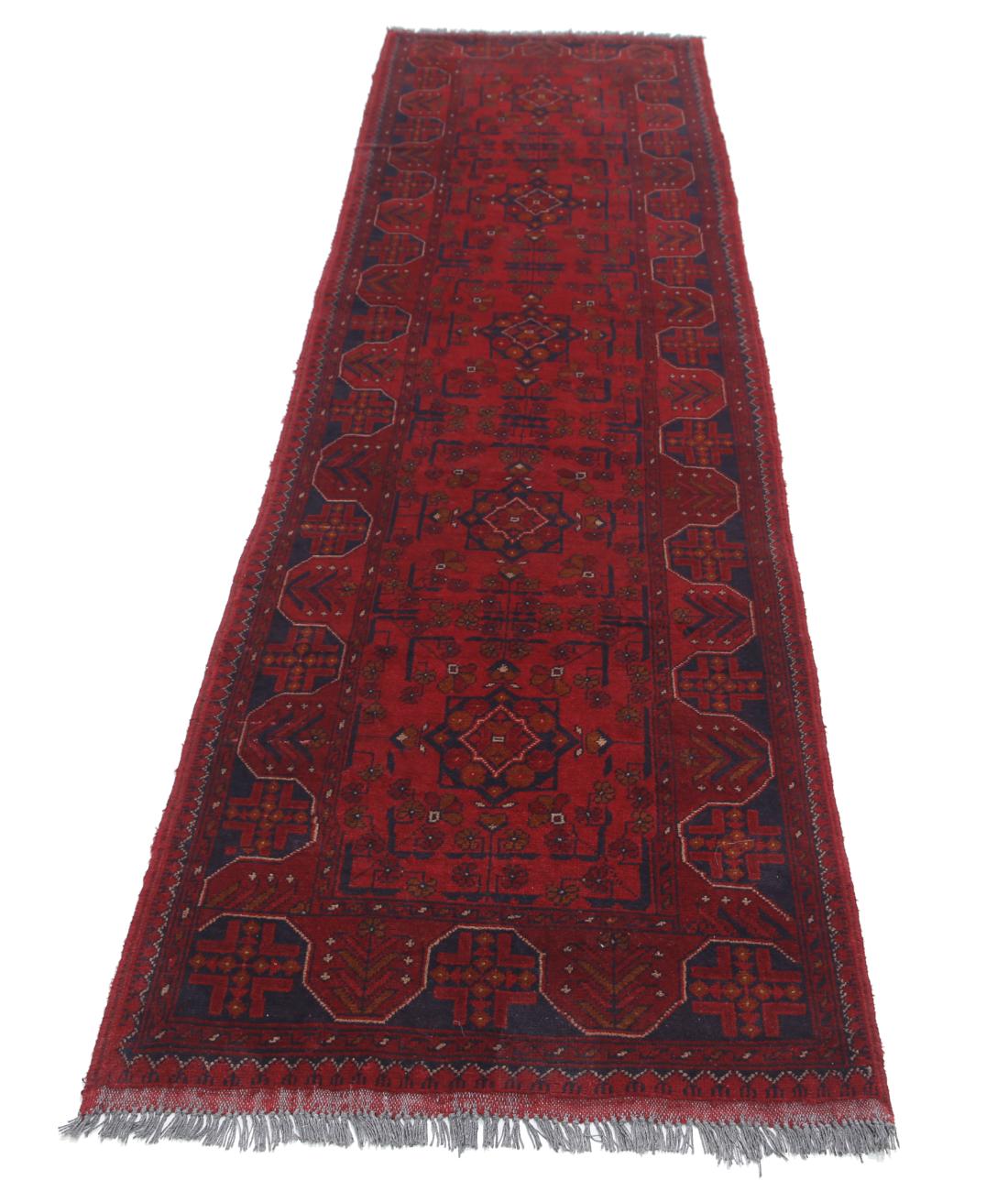 Hand Knotted Afghan Khal Muhammadi Wool Rug - 2'7'' x 9'7'' 2' 7" X 9' 7" (79 X 292) / Red / Blue