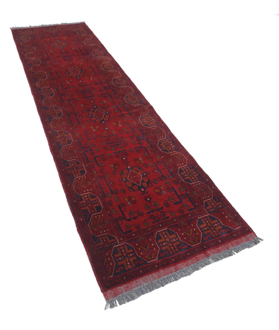 Hand Knotted Afghan Khal Muhammadi Wool Rug - 2'7'' x 9'3'' 2' 7" X 9' 3" (79 X 282) / Red / Blue
