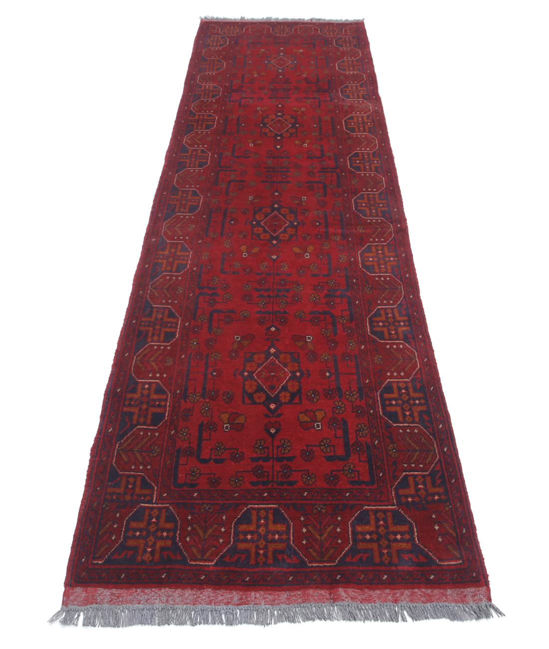 Hand Knotted Afghan Khal Muhammadi Wool Rug - 2'7'' x 9'3'' 2' 7" X 9' 3" (79 X 282) / Red / Blue
