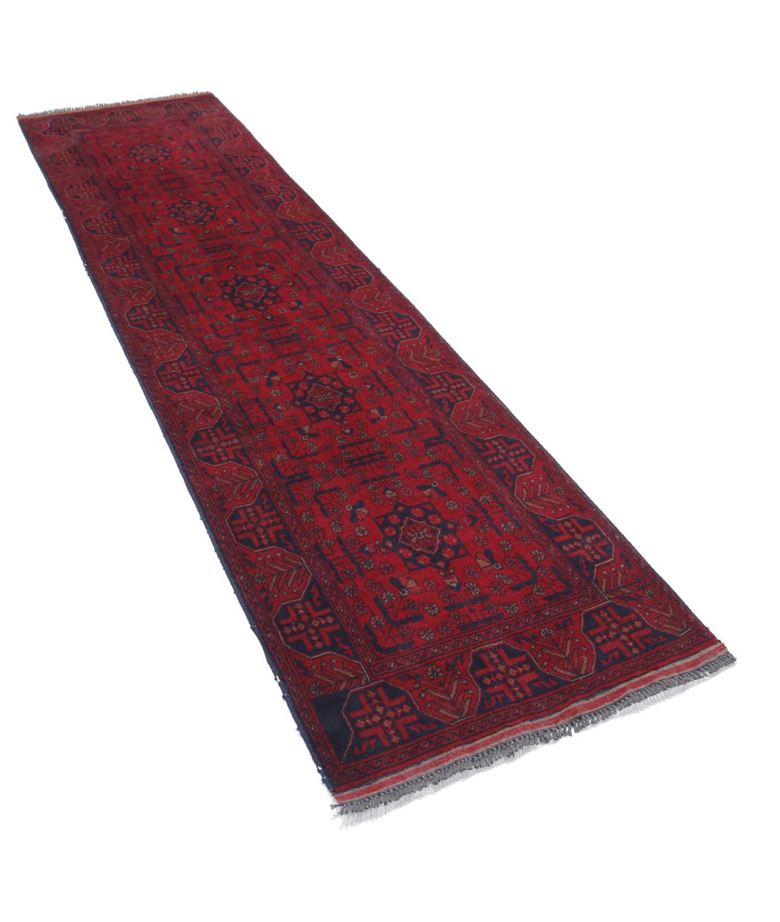 Hand Knotted Afghan Khal Muhammadi Wool Rug - 2'7'' x 9'5'' 2' 7" X 9' 5" (79 X 287) / Red / Blue