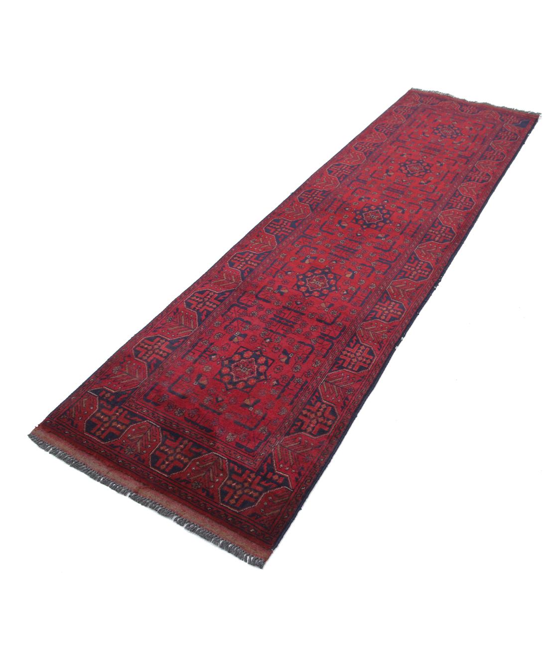 Hand Knotted Afghan Khal Muhammadi Wool Rug - 2'7'' x 9'5'' 2' 7" X 9' 5" (79 X 287) / Red / Blue