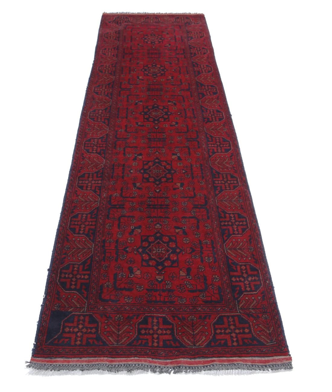 Hand Knotted Afghan Khal Muhammadi Wool Rug - 2'7'' x 9'5'' 2' 7" X 9' 5" (79 X 287) / Red / Blue