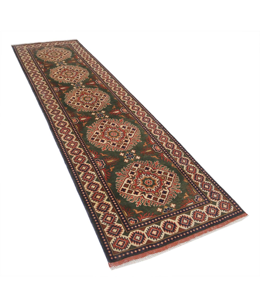 Hand Knotted Afghan Khal Muhammadi Wool Rug - 2'11'' x 10'2'' 2' 11" X 10' 2" (89 X 310) / Green / Ivory