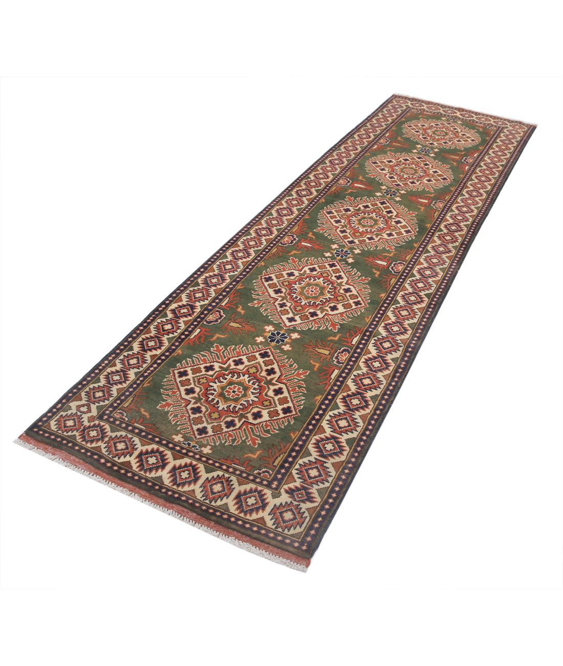 Hand Knotted Afghan Khal Muhammadi Wool Rug - 2'11'' x 10'2'' 2' 11" X 10' 2" (89 X 310) / Green / Ivory