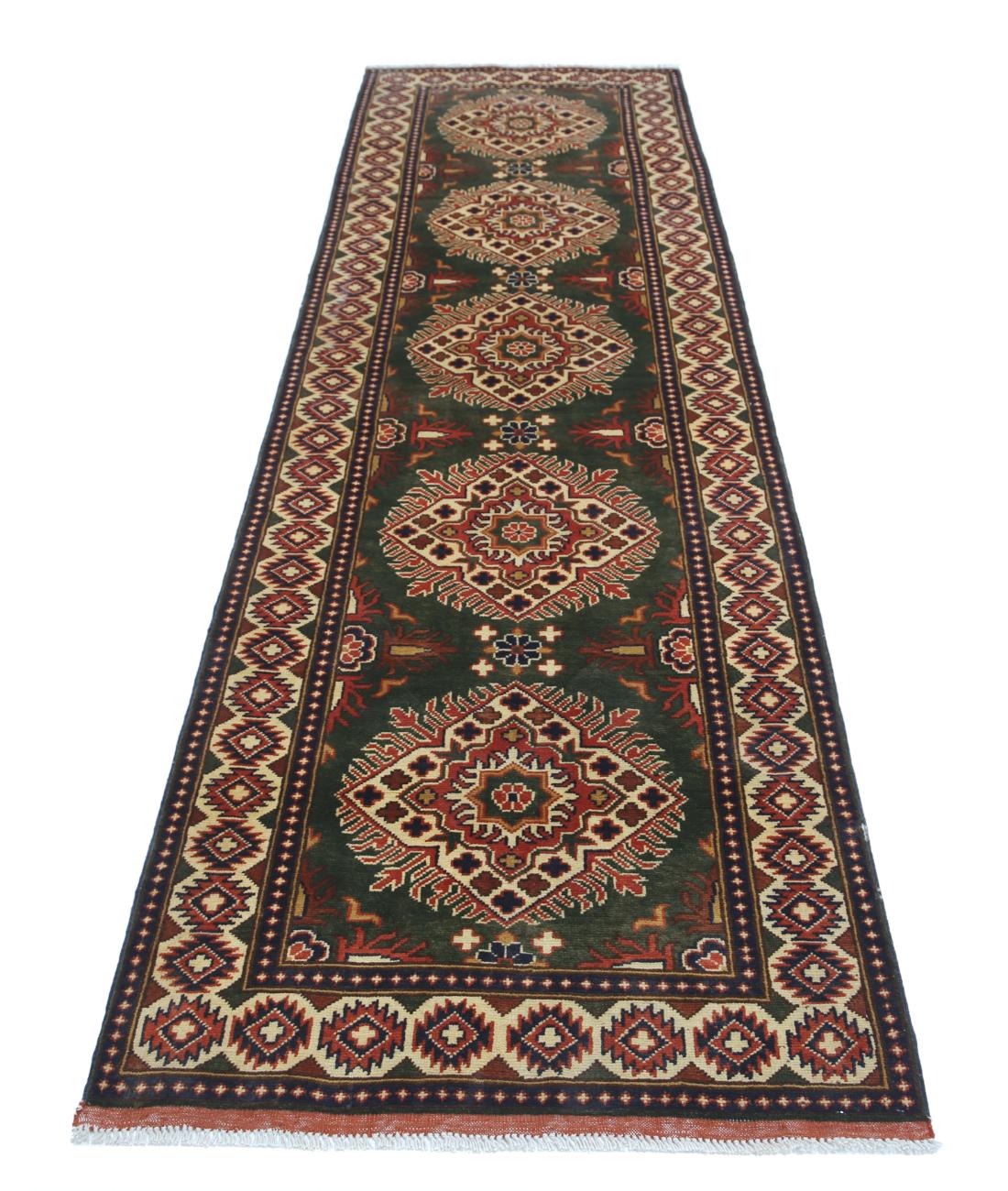 Hand Knotted Afghan Khal Muhammadi Wool Rug - 2'11'' x 10'2'' 2' 11" X 10' 2" (89 X 310) / Green / Ivory