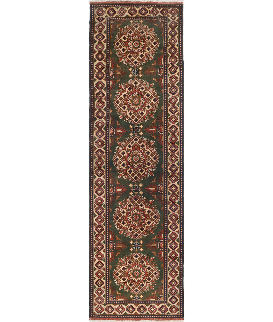 Hand Knotted Afghan Khal Muhammadi Wool Rug - 2&#39;11&#39;&#39; x 10&#39;2&#39;&#39; 2&#39; 11&quot; X 10&#39; 2&quot; (89 X 310) / Green / Ivory
