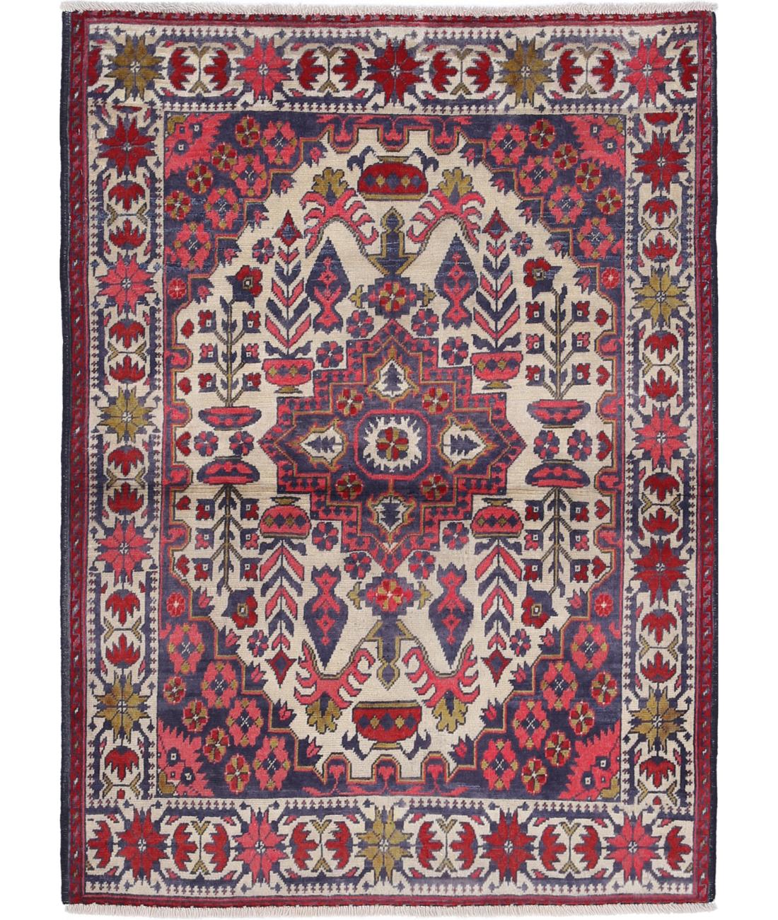 Hand Knotted Afghan Khal Muhammadi Wool Rug - 2&#39;8&#39;&#39; x 3&#39;10&#39;&#39; 2&#39; 8&quot; X 3&#39; 10&quot; (81 X 117) / Ivory / Blue