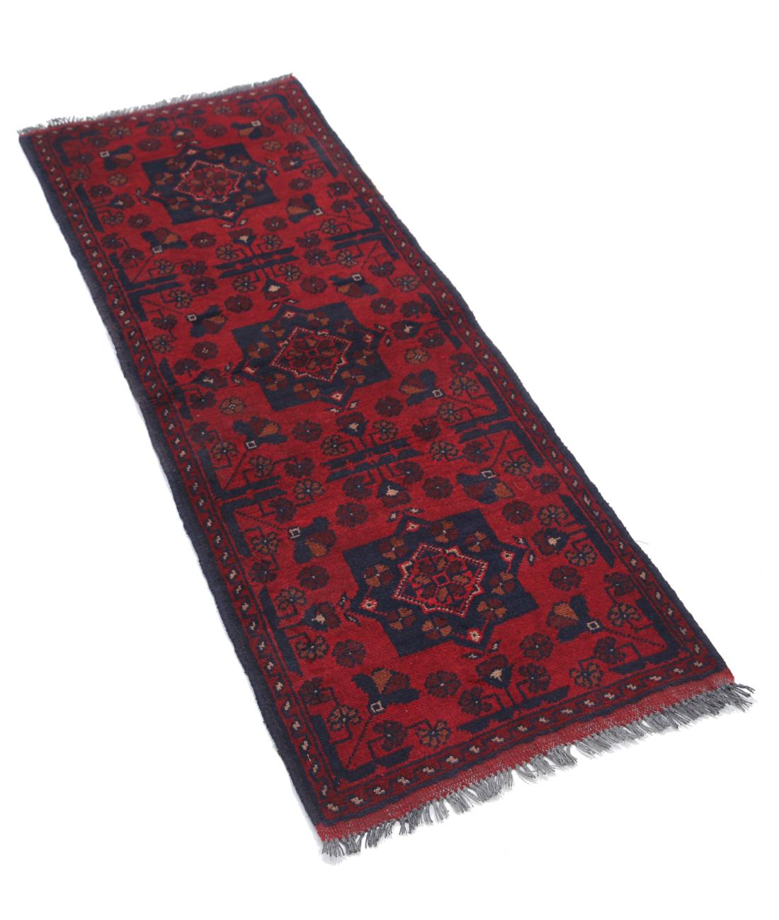 Hand Knotted Afghan Khal Muhammadi Wool Rug - 1'8'' x 4'7'' 1' 8" X 4' 7" (51 X 140) / Red / Blue
