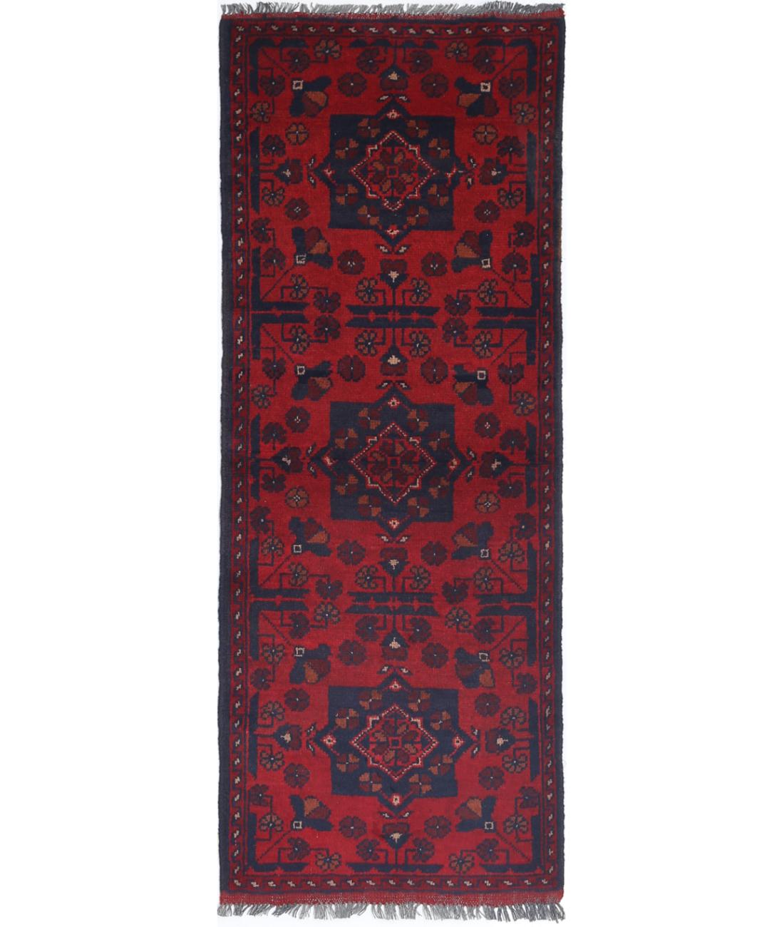 Hand Knotted Afghan Khal Muhammadi Wool Rug - 1&#39;8&#39;&#39; x 4&#39;7&#39;&#39; 1&#39; 8&quot; X 4&#39; 7&quot; (51 X 140) / Red / Blue