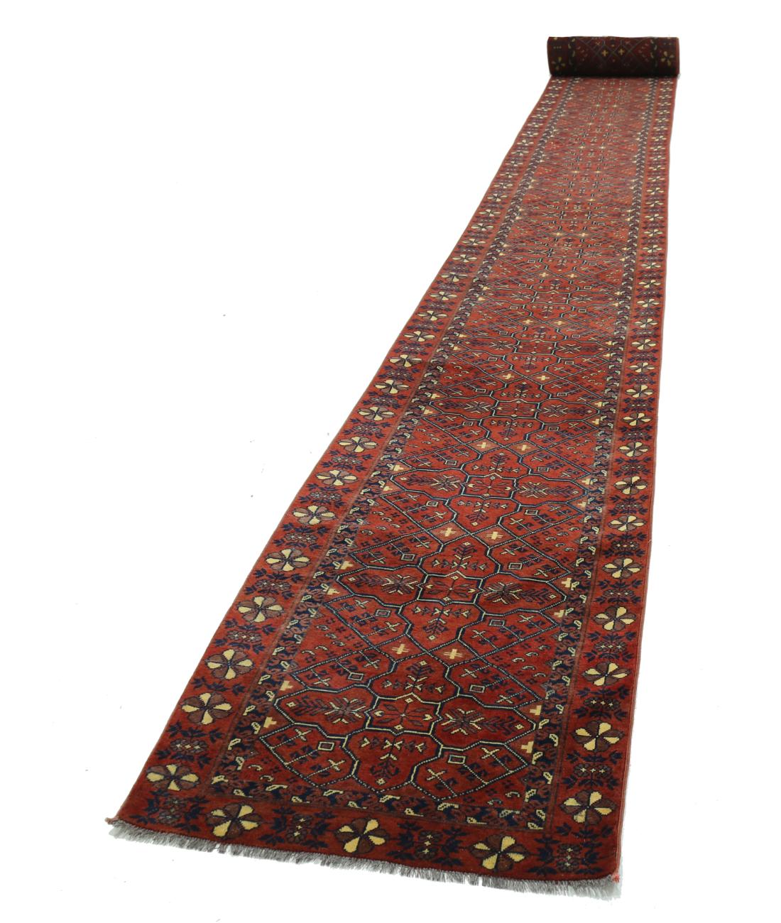 Hand Knotted Afghan Khal Muhammadi Wool Rug - 2'7'' x 47'7'' 2' 7" X 47' 7" (79 X 1450) / Rust / Blue