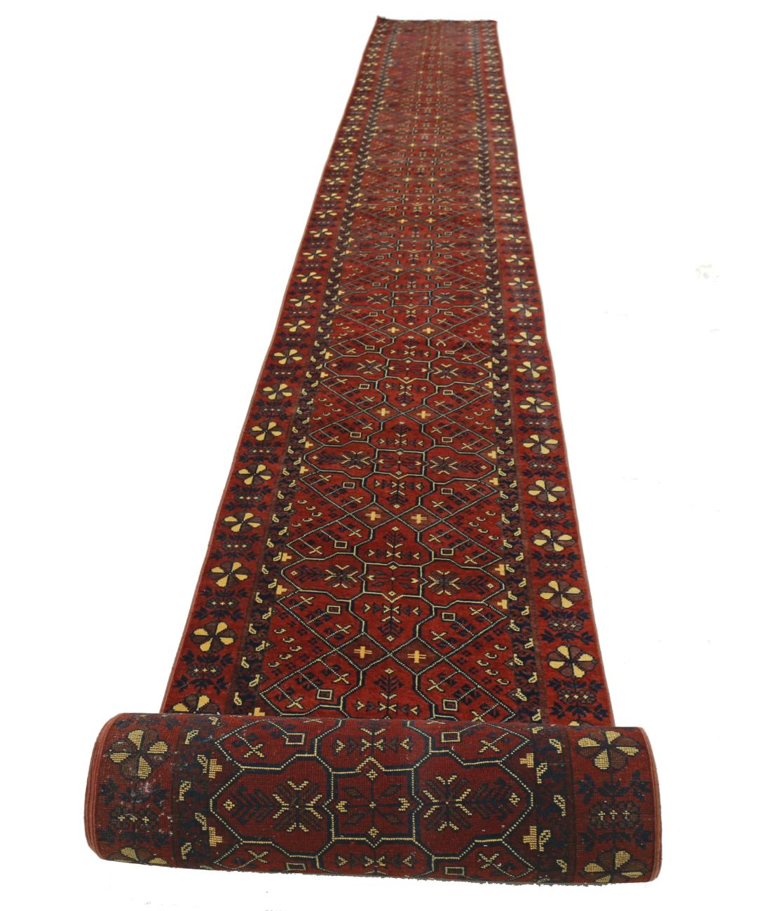 Hand Knotted Afghan Khal Muhammadi Wool Rug - 2'7'' x 47'7'' 2' 7" X 47' 7" (79 X 1450) / Rust / Blue