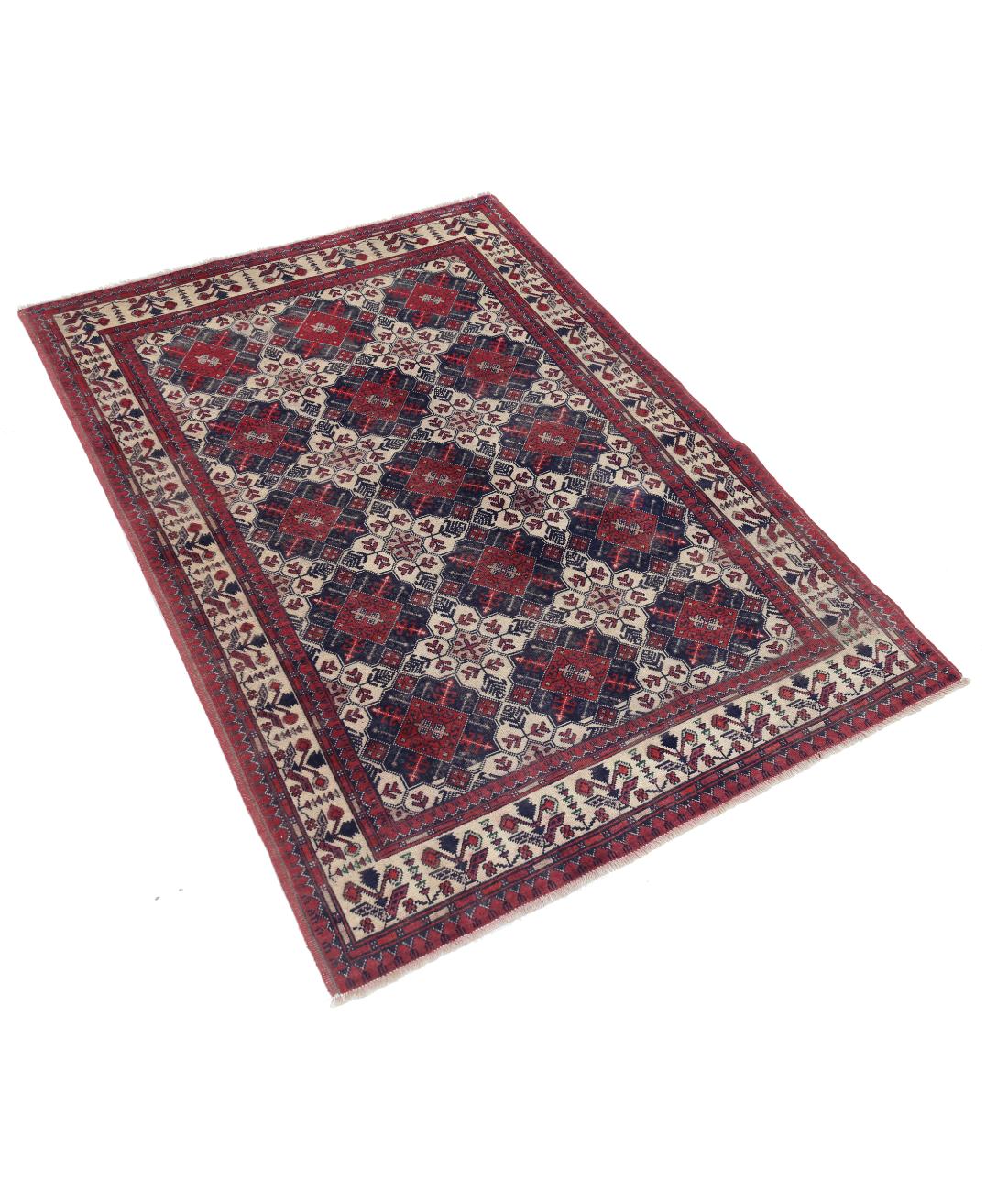 Hand Knotted Afghan Khamyab Wool Rug - 3'3'' x 4'10'' 3' 3" X 4' 10" (99 X 147) / Ivory / Blue