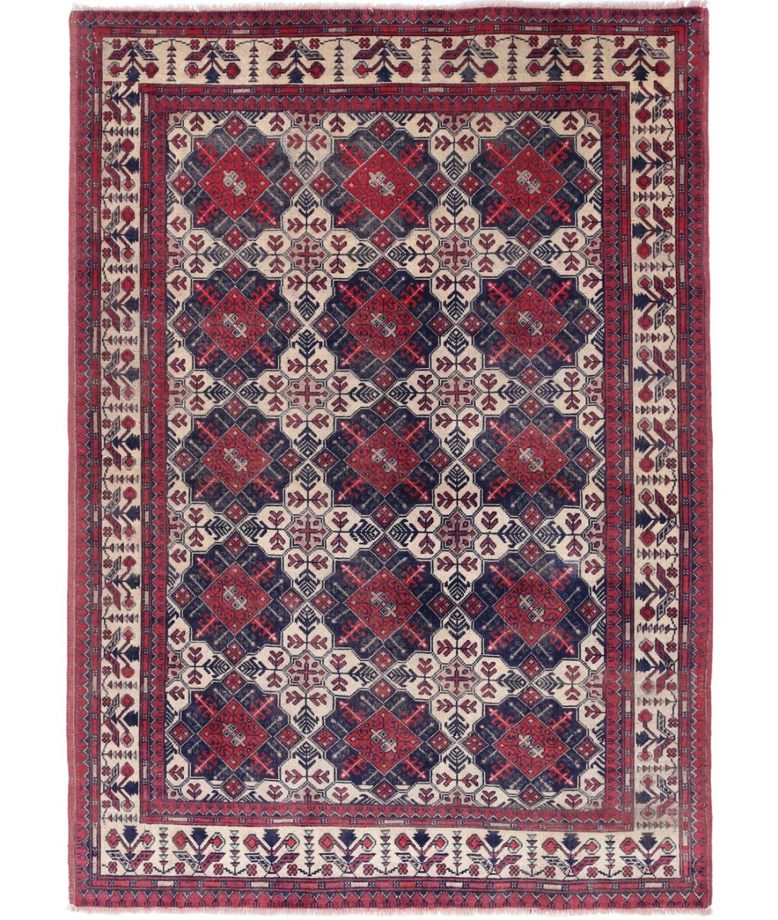 Hand Knotted Afghan Khamyab Wool Rug - 3&#39;3&#39;&#39; x 4&#39;10&#39;&#39; 3&#39; 3&quot; X 4&#39; 10&quot; (99 X 147) / Ivory / Blue