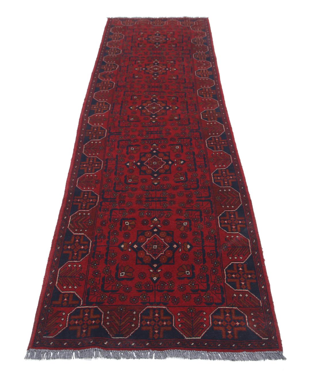 Hand Knotted Afghan Khamyab Wool Rug - 2'8'' x 9'3'' 2' 8" X 9' 3" (81 X 282) / Red / Blue