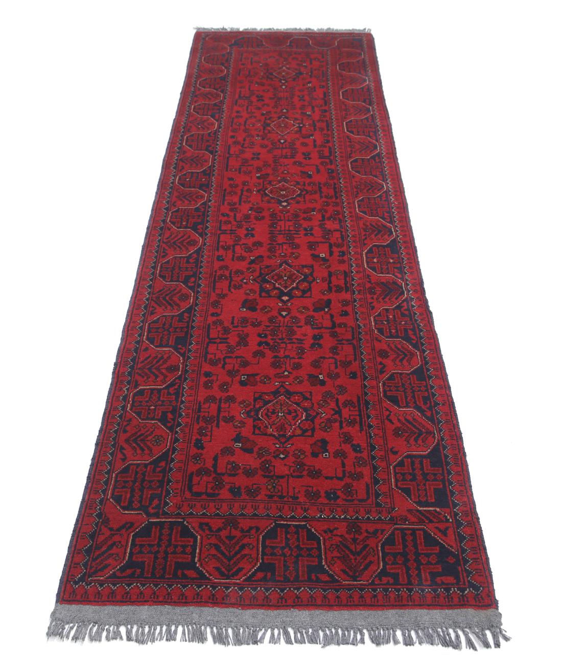 Hand Knotted Afghan Khamyab Wool Rug - 2'7'' x 9'5'' 2' 7" X 9' 5" (79 X 287) / Red / Blue