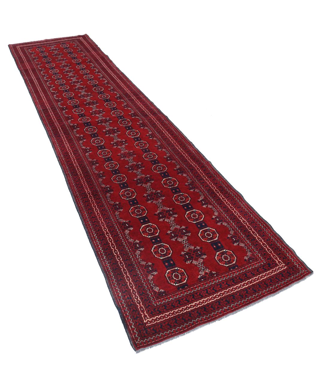Hand Knotted Afghan Usmania Wool Rug - 2'10'' x 11'9'' 2' 10" X 11' 9" (86 X 358) / Red / Blue