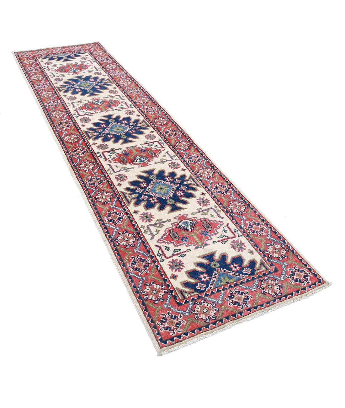 Hand Knotted Tribal Kazak Wool Rug - 2'6'' x 9'7'' 2'6'' x 9'7'' (75 X 288) / Ivory / Red